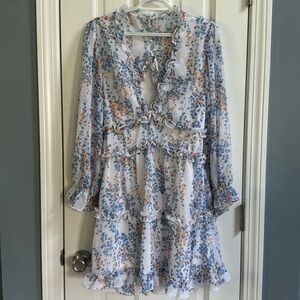 Blue Floral Open Back Ruffle Sheer Dress